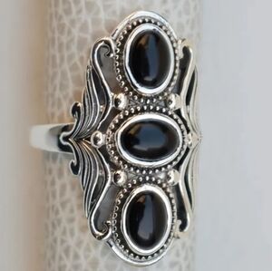 Boho Silvertone and Black Ring